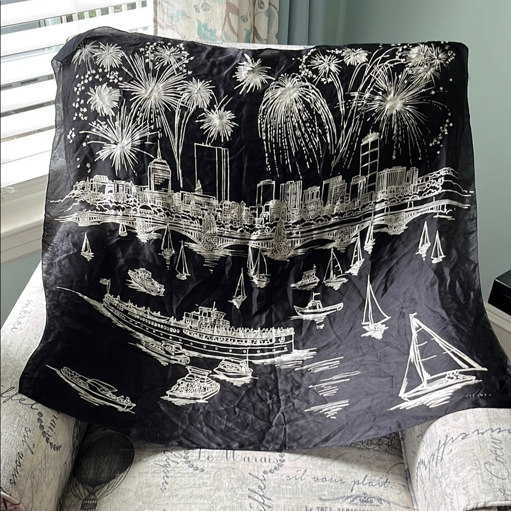 Filene’s vintage 80’s silk Black and White fireworks Cityscape Scarf